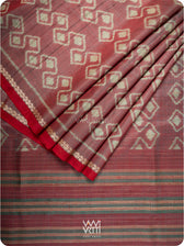 Red Firozi Santati Ikat Handspun Tussar Silk Saree