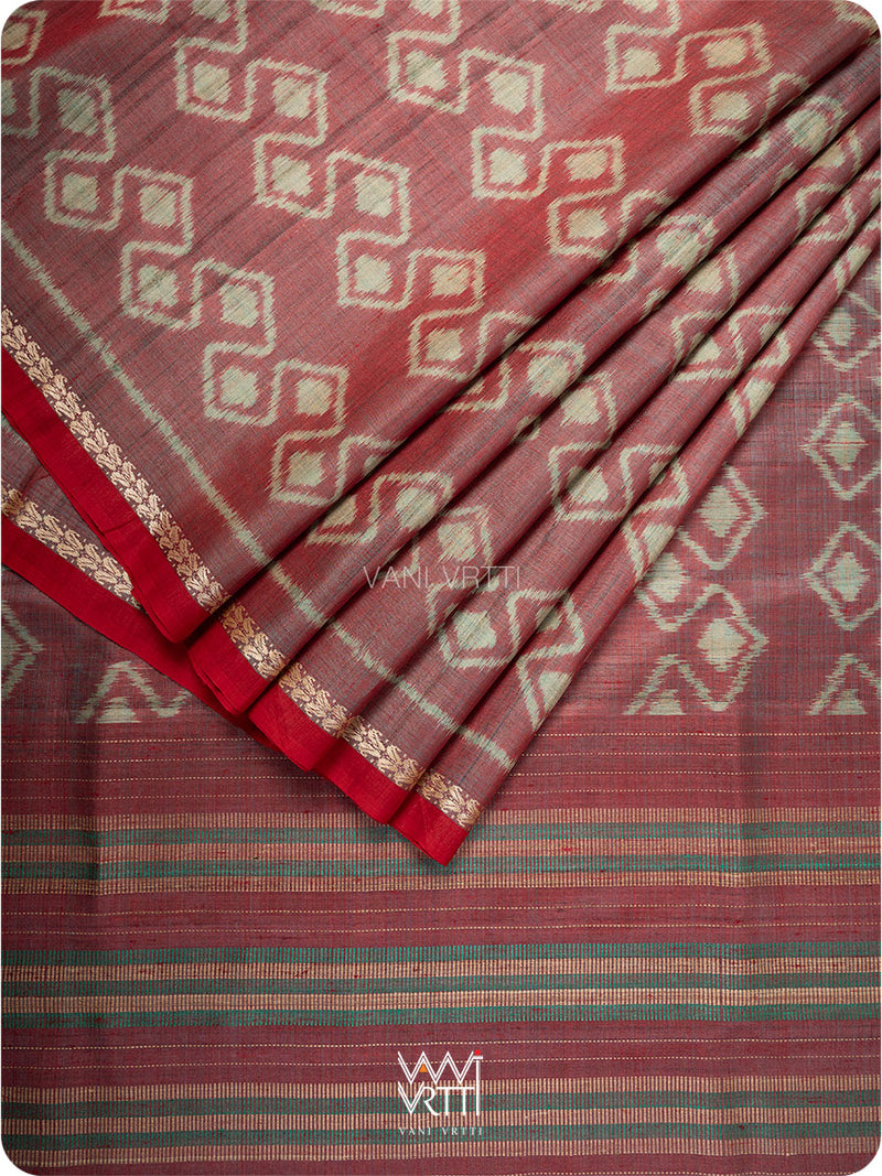 Red Firozi Santati Ikat Handspun Tussar Silk Saree