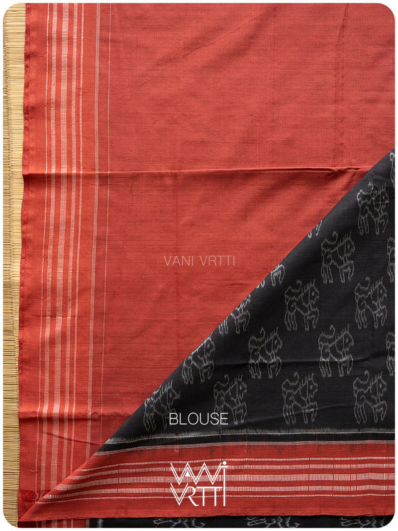Black Red Lion Natural Dyed Cotton Ikat Saree