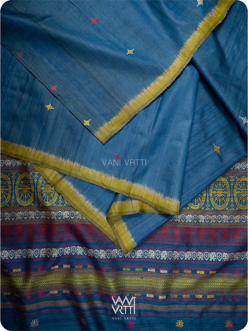 Konark temple motif close-up on indigo tussar silk saree