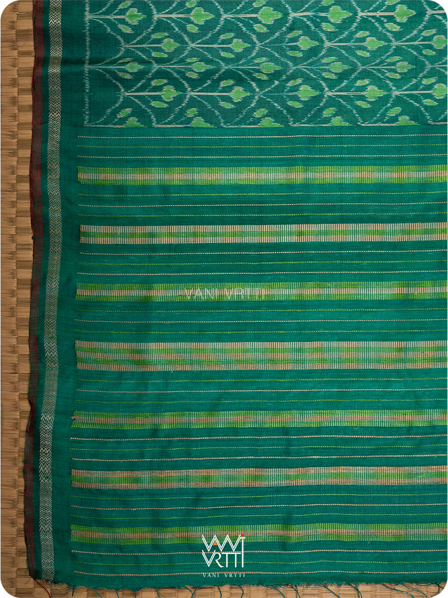 Emerald Green Iris Ikat Handspun Tussar Silk Sari