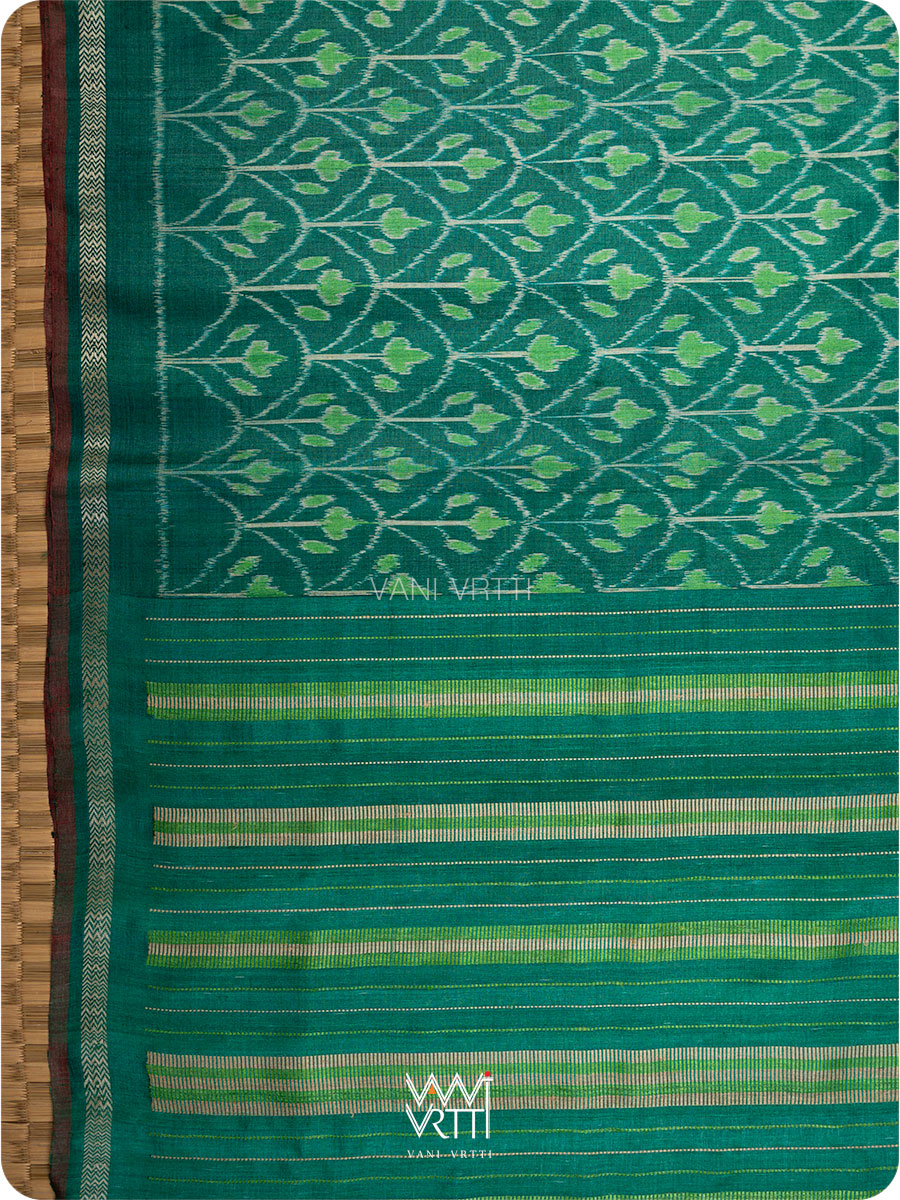Emerald Green Iris Ikat Handspun Tussar Silk Sari