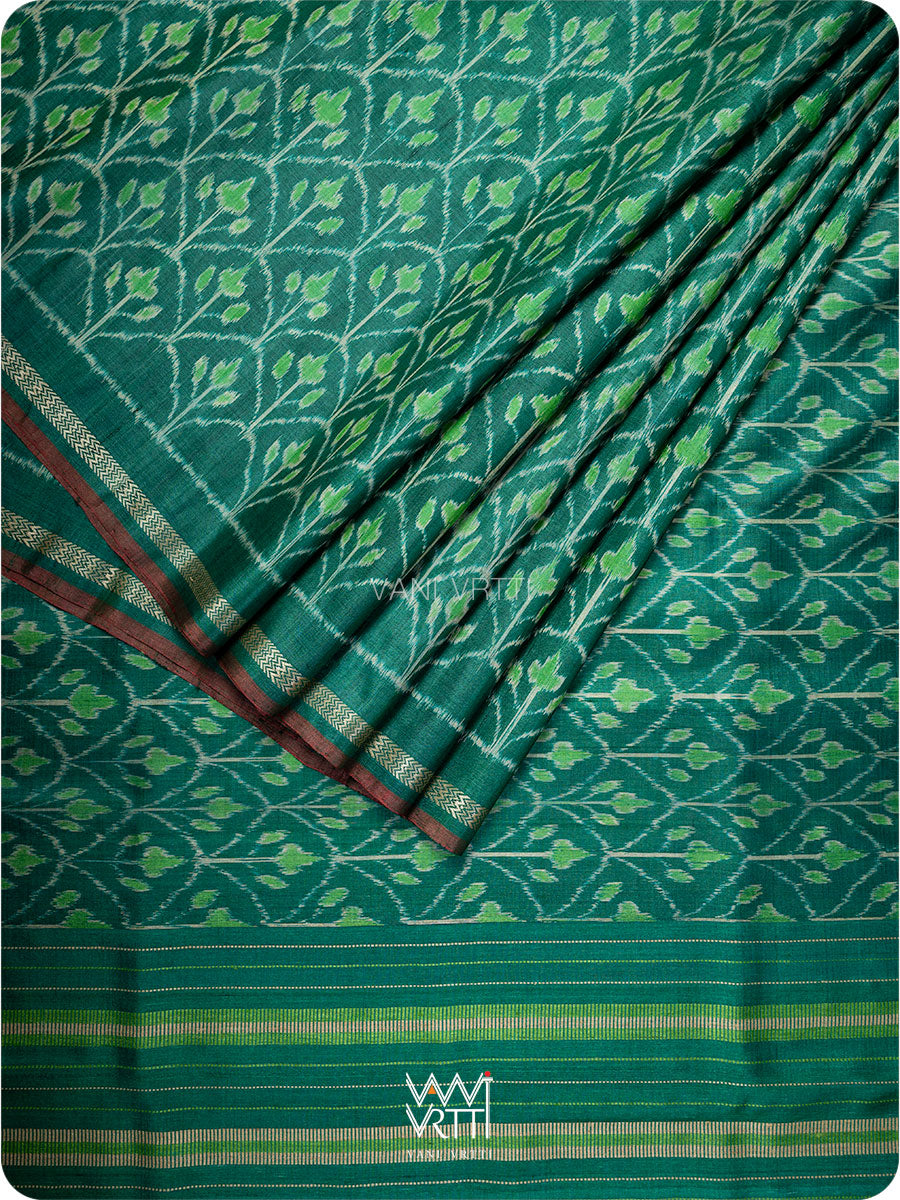 Emerald Green Iris Ikat Handspun Tussar Silk Sari