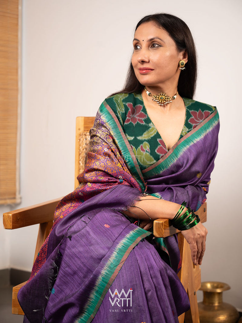 Purple Green Parijat Handspun Tussar Silk Saree