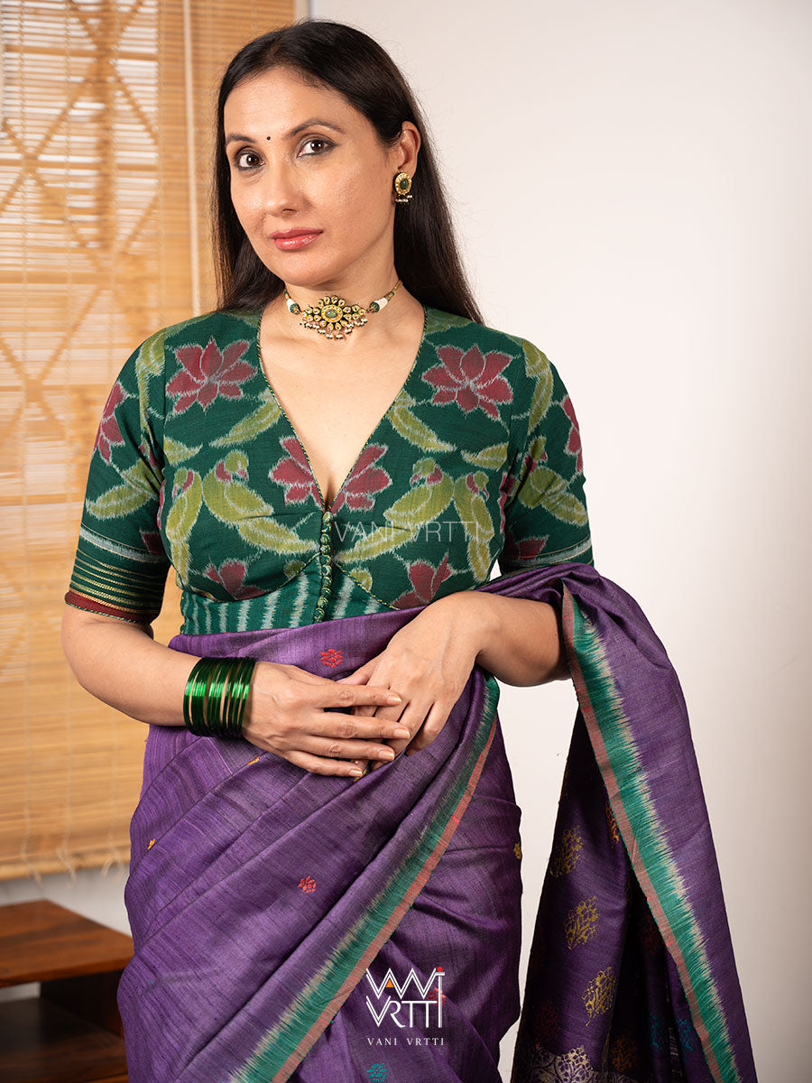 Bottle Green Lotus Parrot Deep Plunge Neck Cotton Ikat Blouse