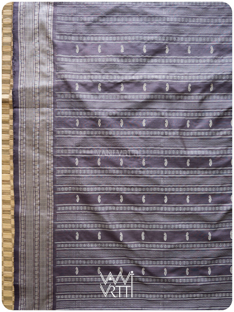 Grey Lilac Fern Butta Tea Leaf Natural Dyed Mulberry Silk Ikat Saree