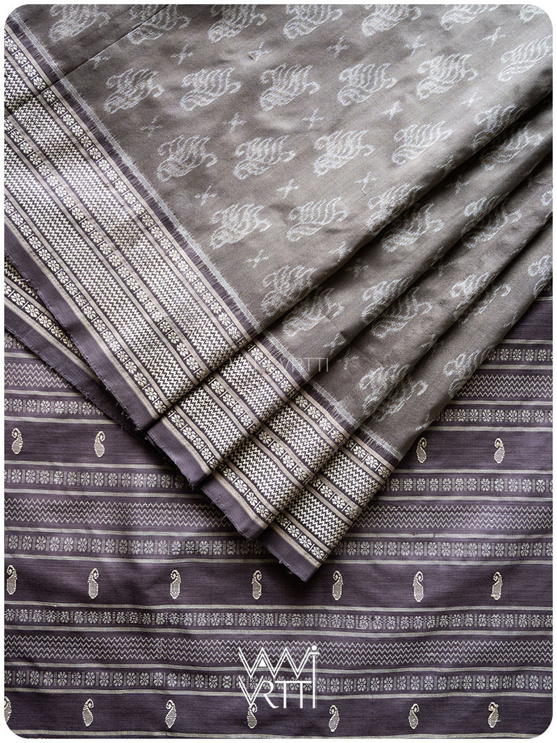 Grey Lilac Fern Butta Tea Leaf Natural Dyed Mulberry Silk Ikat Saree