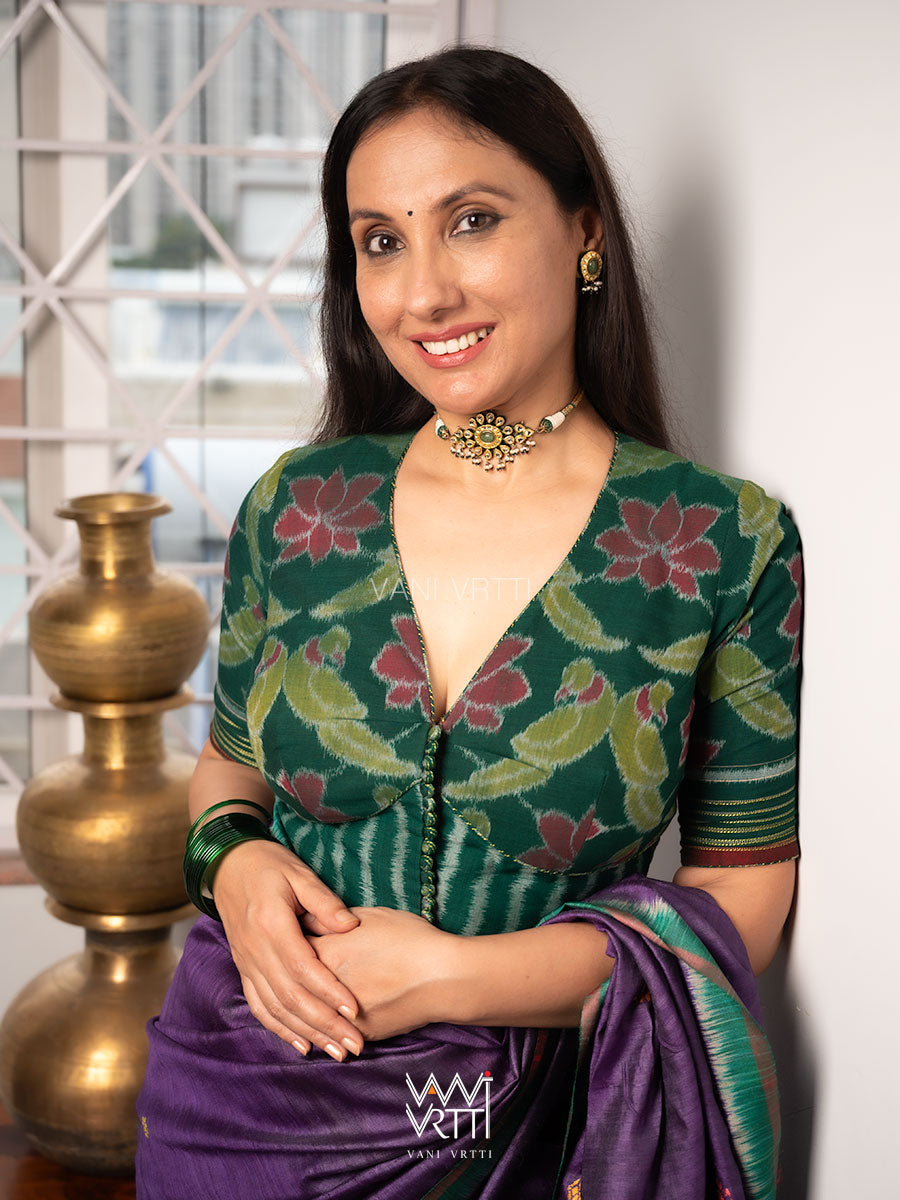 Bottle Green Lotus Parrot Deep Plunge Neck Cotton Ikat Blouse