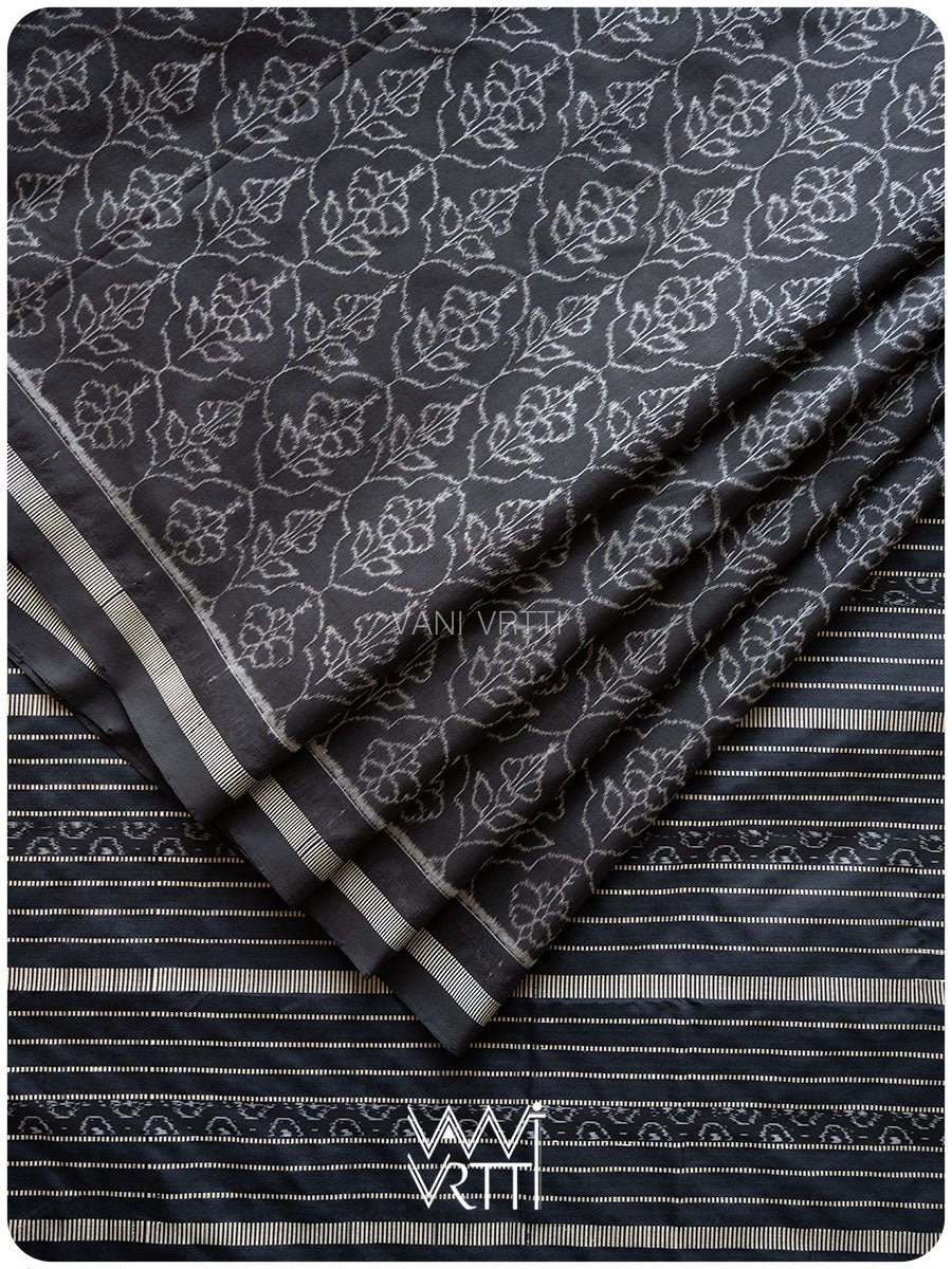 Black Hibiscus Iron Rust Natural Dyed Mulberry Silk Ikat Saree