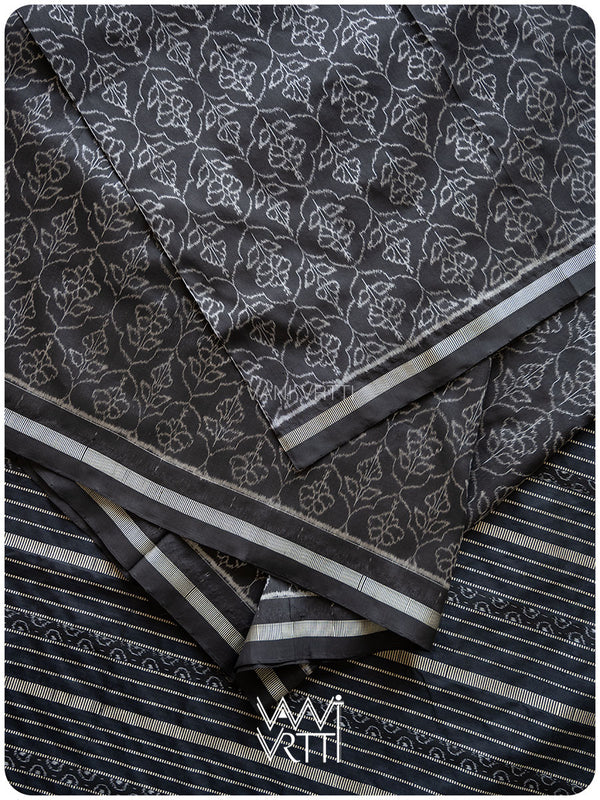 Black Hibiscus Iron Rust Natural Dyed Mulberry Silk Ikat Saree