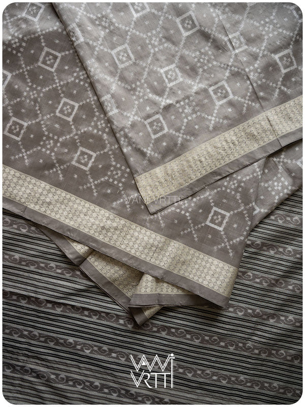 Grey Sapakta Prakritik Tea Leaf Natural Dyed Mulberry Silk Double Ikat Saree