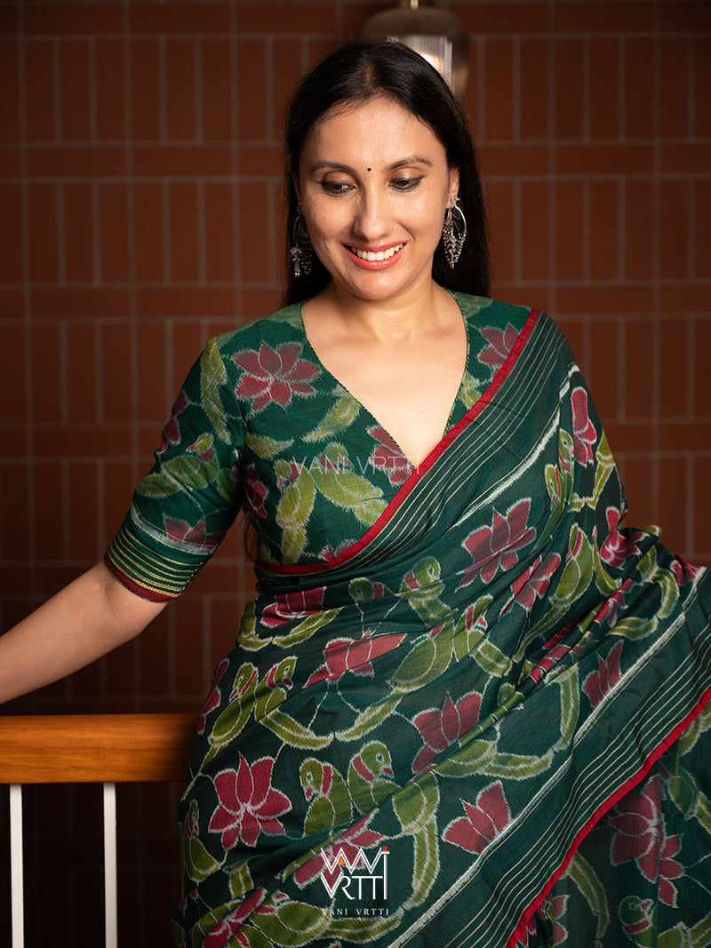 Deep Bottle Green Lotus Parrot Fine Cotton Ikat Saree