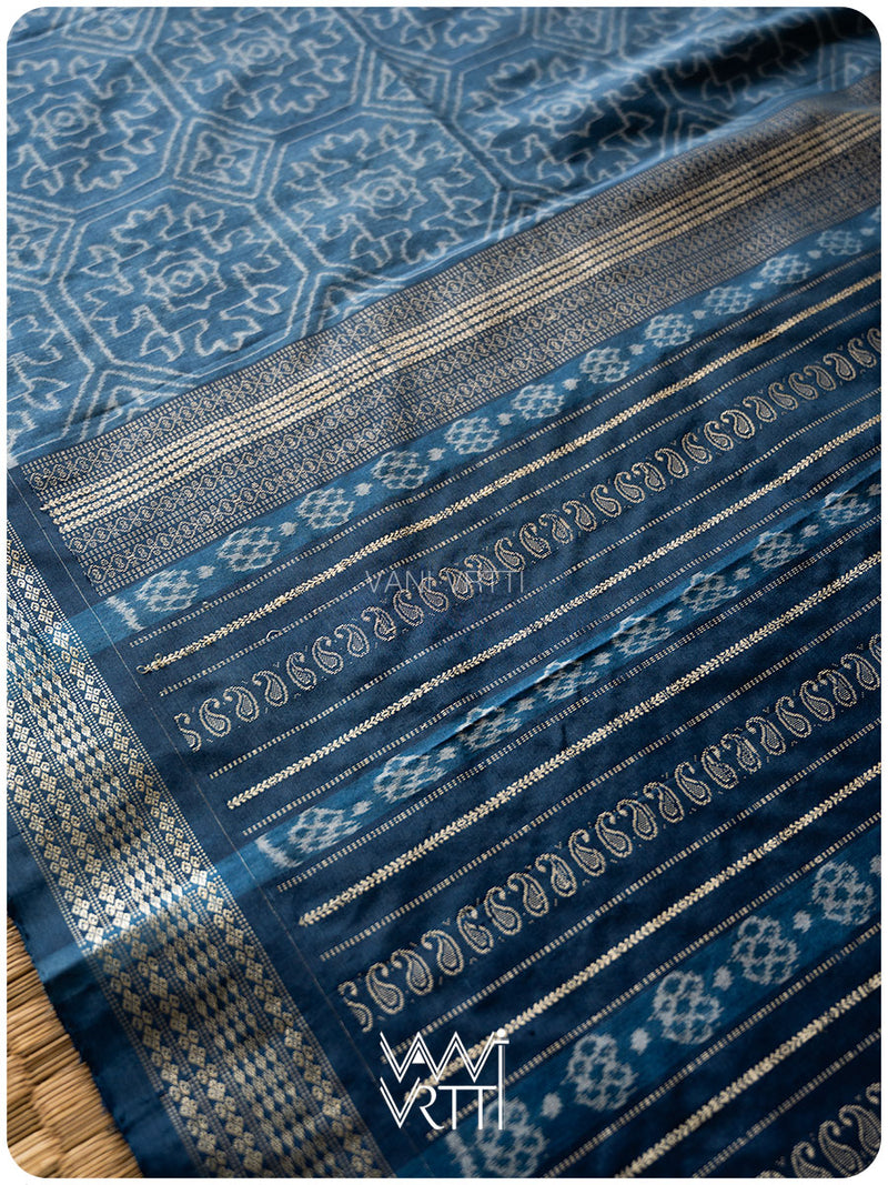 Indigo Konia Phool Natural Dyed Mulberry Silk Ikat Saree