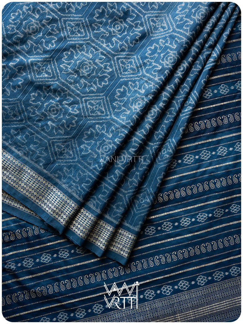 Indigo Konia Phool Natural Dyed Mulberry Silk Ikat Saree