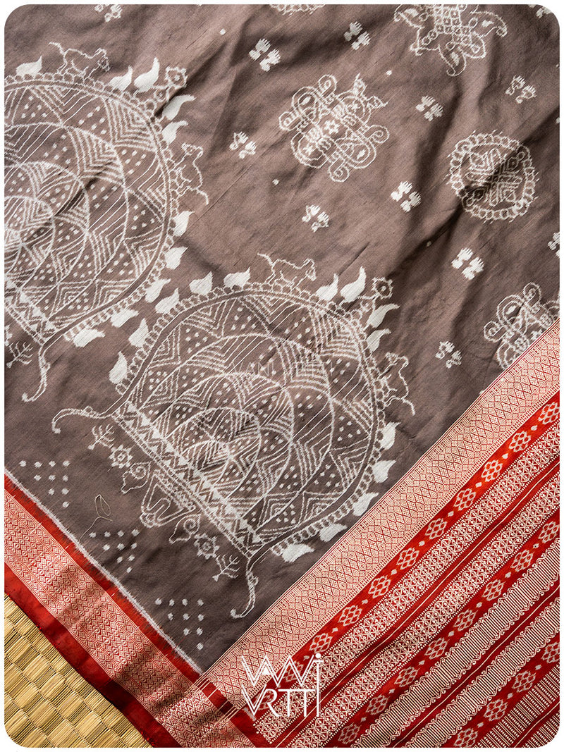 Grey Madder Margasira Jhoti Tea Leaf Natural Dyed Mulberry Silk Ikat Saree