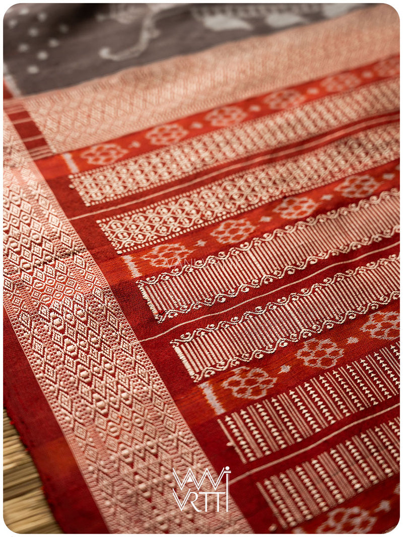 Grey Madder Margasira Jhoti Tea Leaf Natural Dyed Mulberry Silk Ikat Saree