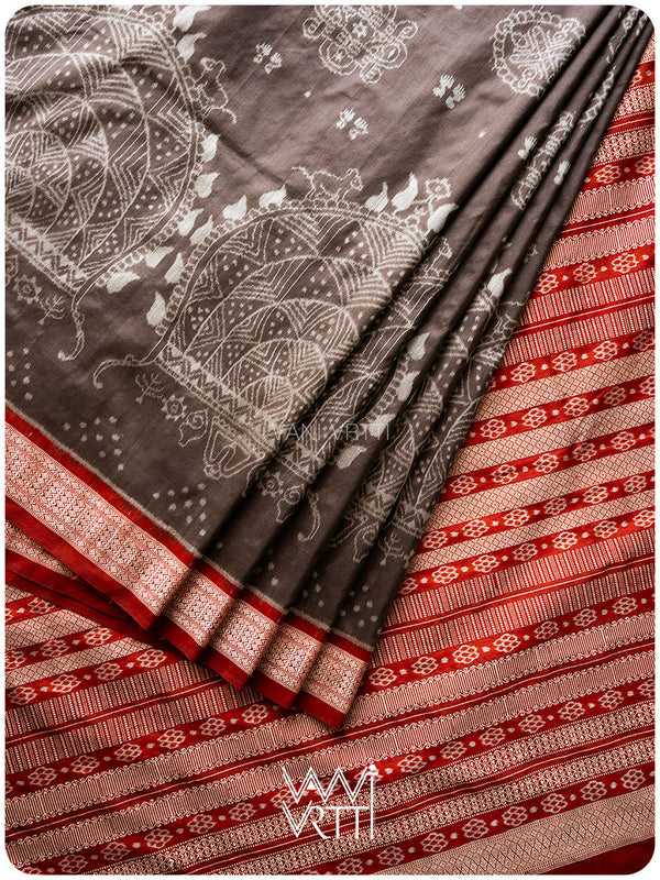 Grey Madder Margasira Jhoti Tea Leaf Natural Dyed Mulberry Silk Ikat Saree