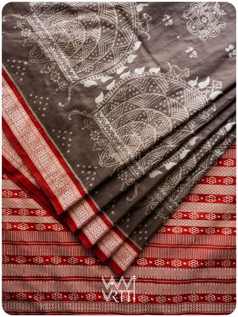 Grey Madder Margasira Jhoti Tea Leaf Natural Dyed Mulberry Silk Ikat Saree