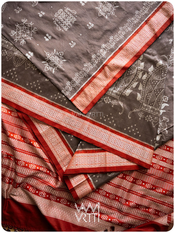 Grey Madder Margasira Jhoti Tea Leaf Natural Dyed Mulberry Silk Ikat Saree