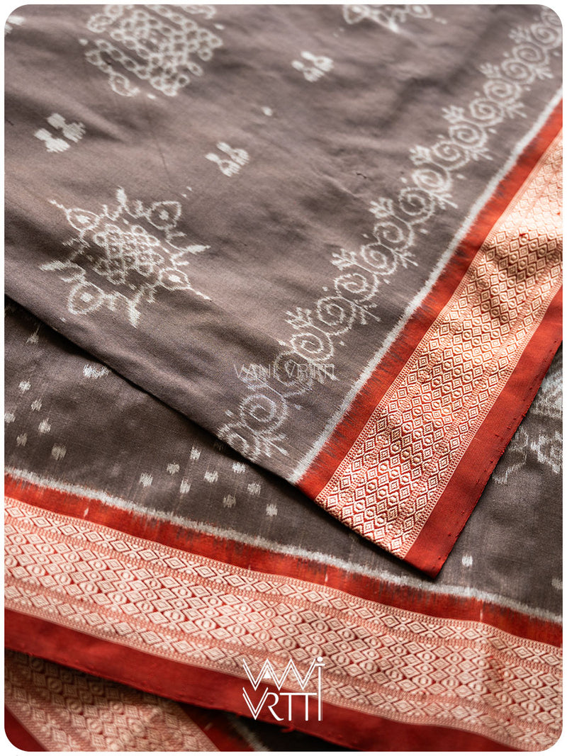 Grey Madder Margasira Jhoti Tea Leaf Natural Dyed Mulberry Silk Ikat Saree