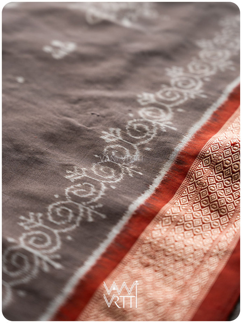 Grey Madder Margasira Jhoti Tea Leaf Natural Dyed Mulberry Silk Ikat Saree