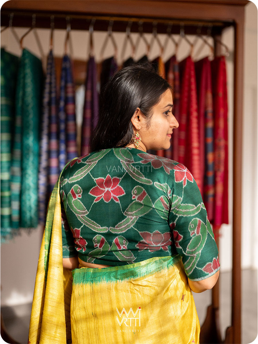 Bottle Green Red Lotus Parrot Fine Cotton Ikat Blouse