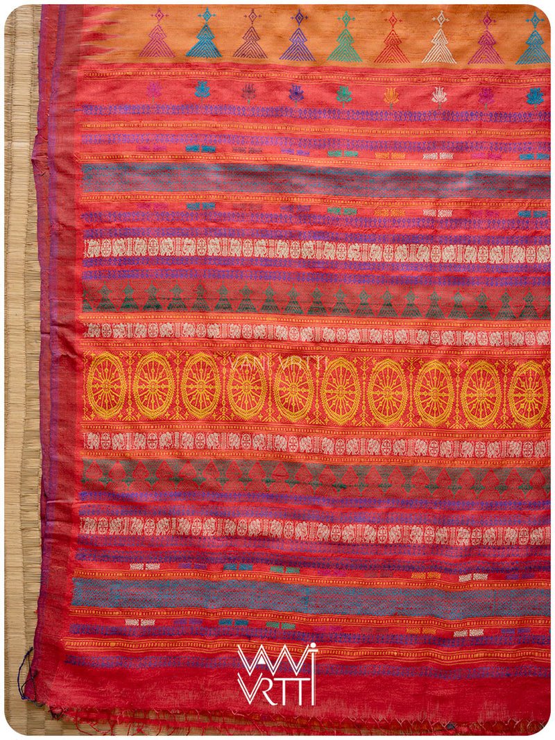 Orange Red Airavata Konark Double Palla Handspun Tussar Silk Saree