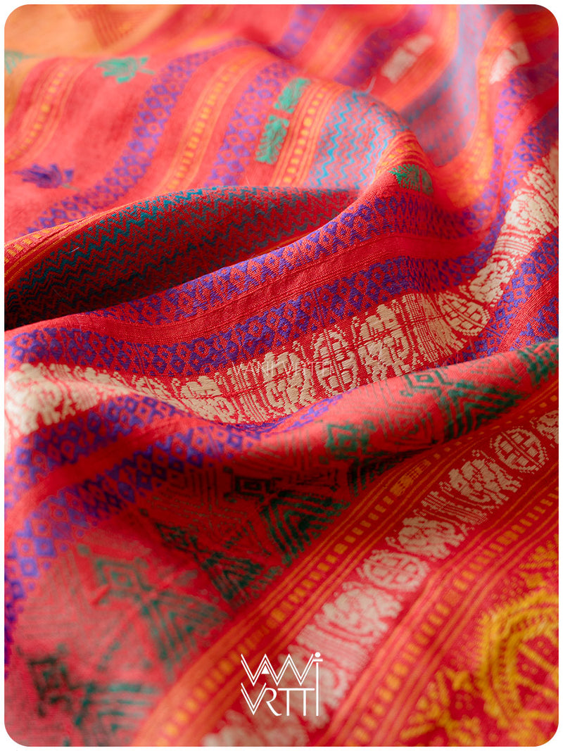 Orange Red Airavata Konark Double Palla Handspun Tussar Silk Saree