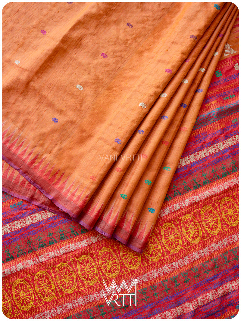 Orange Red Airavata Konark Double Palla Handspun Tussar Silk Saree