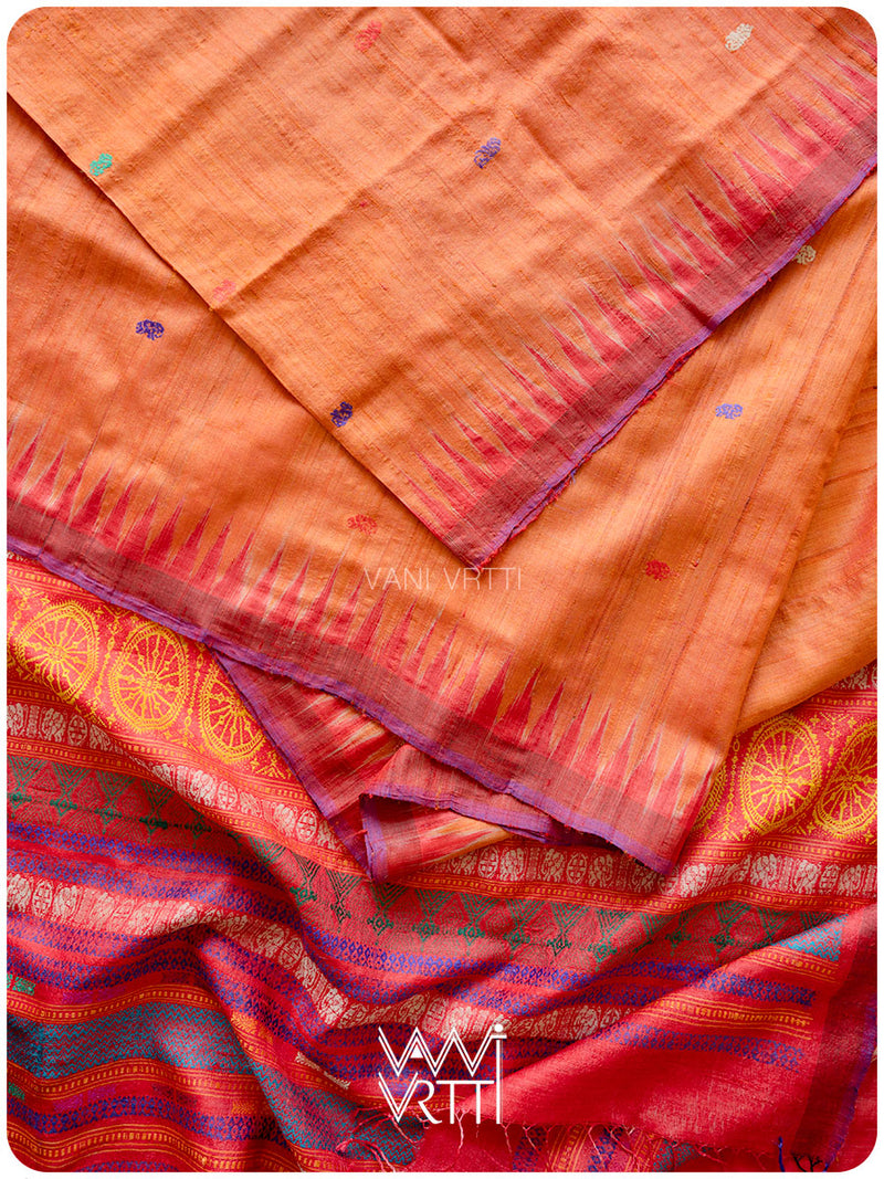 Orange Red Airavata Konark Double Palla Handspun Tussar Silk Saree