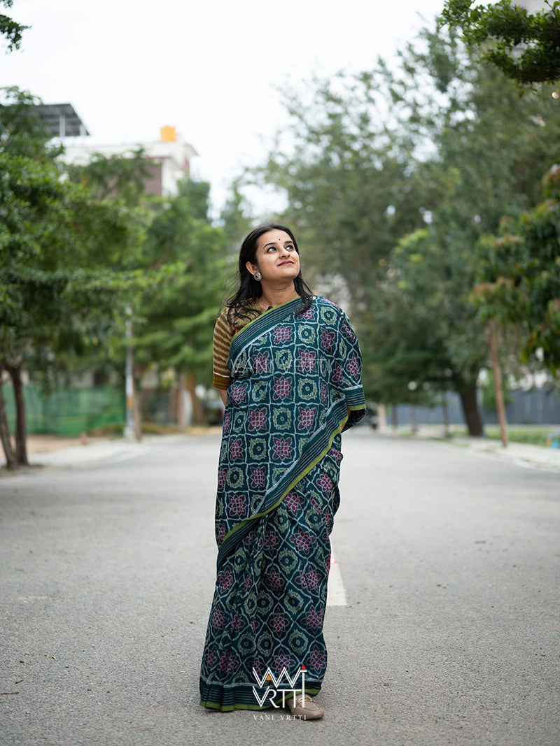 Deep Teal Blue Matsya Lily Cotton Ikat Saree
