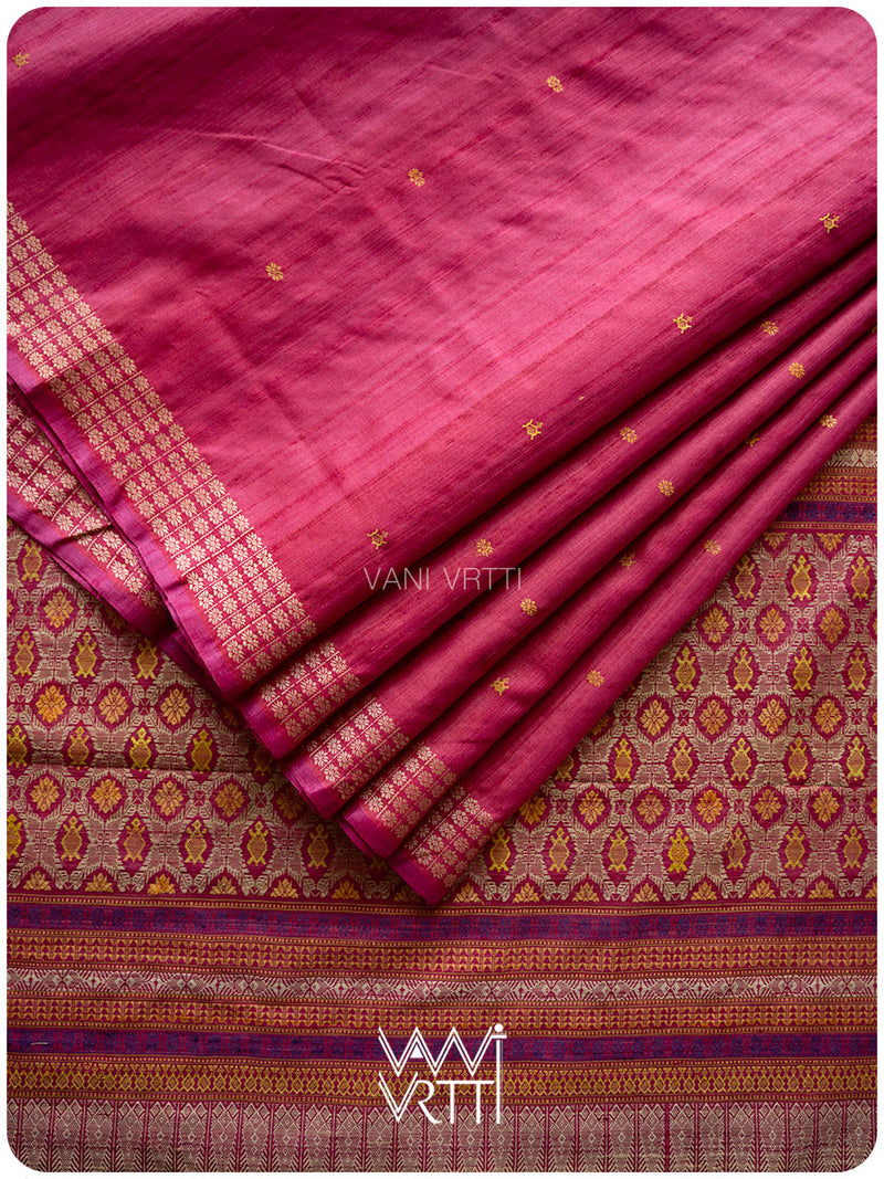 Pomegranate Pink Matsya Kachhap Handspun Tussar Silk Saree