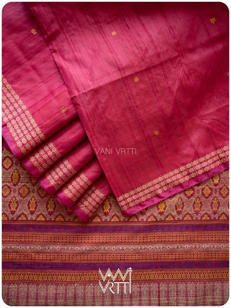 Pomegranate Pink Matsya Kachhap Handspun Tussar Silk Saree
