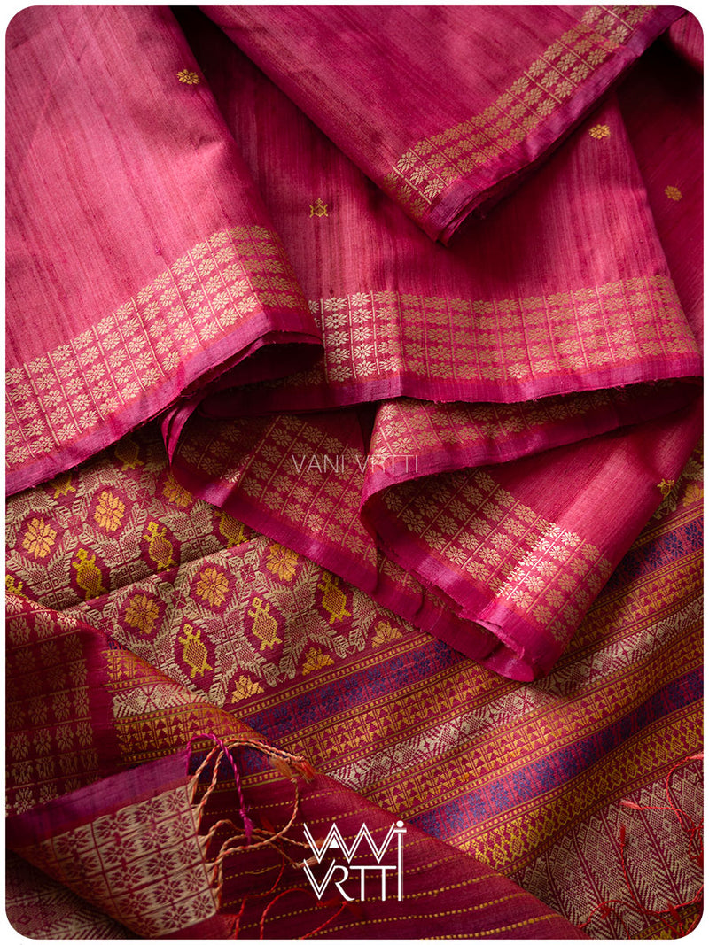 Pomegranate Pink Matsya Kachhap Handspun Tussar Silk Saree