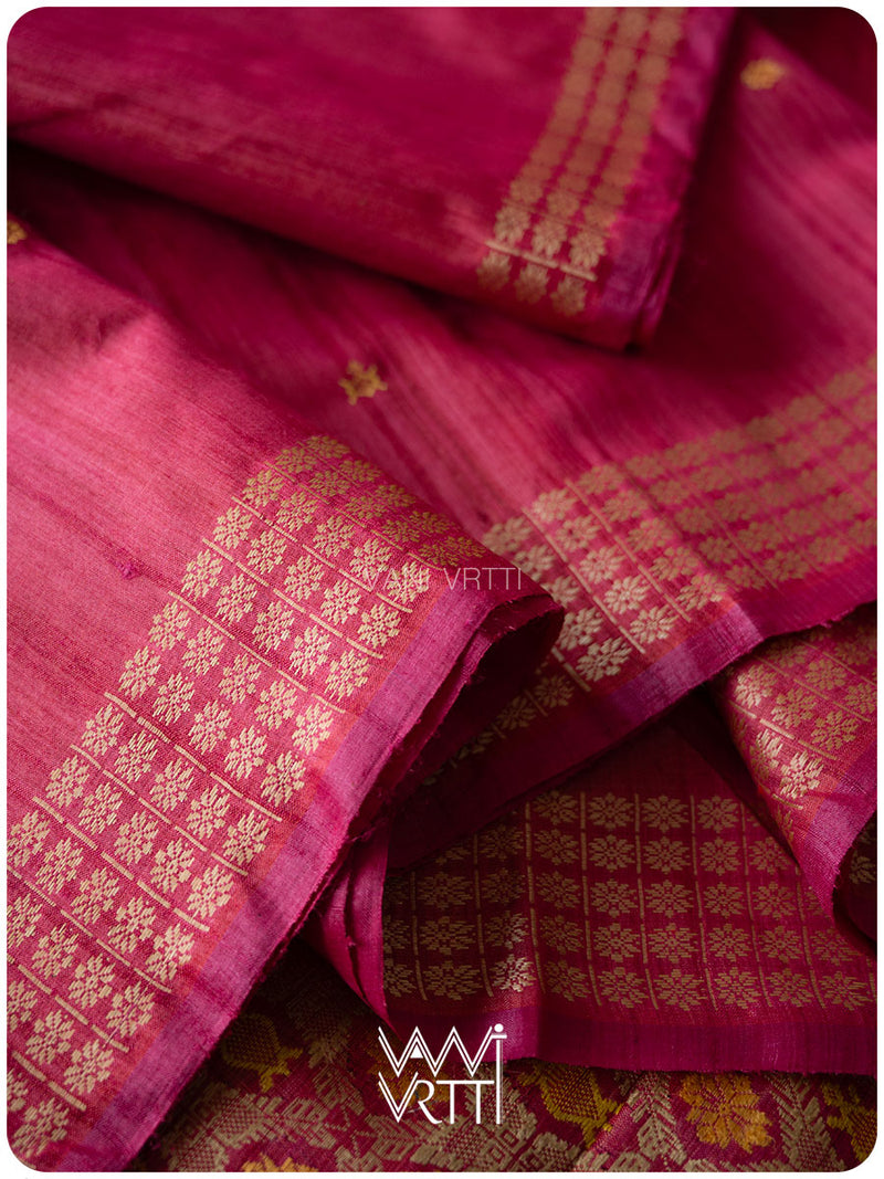 Pomegranate Pink Matsya Kachhap Handspun Tussar Silk Saree