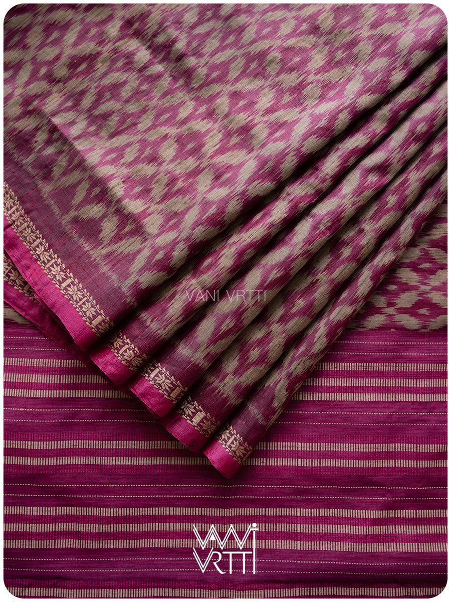 Deep Magenta Lily Ikat Handspun Tussar Silk Sari