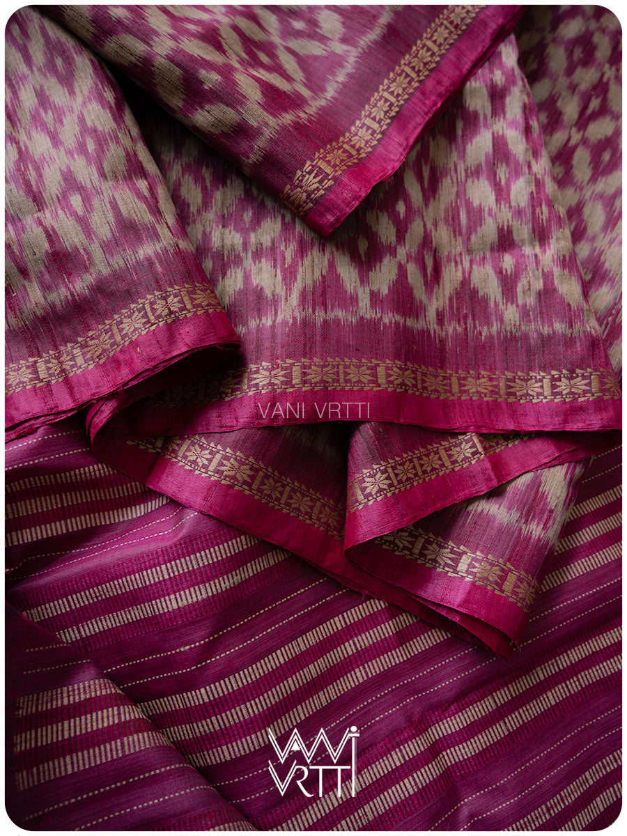 Deep Magenta Lily Ikat Handspun Tussar Silk Sari