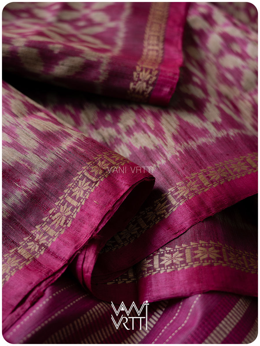 Deep Magenta Lily Ikat Handspun Tussar Silk Sari