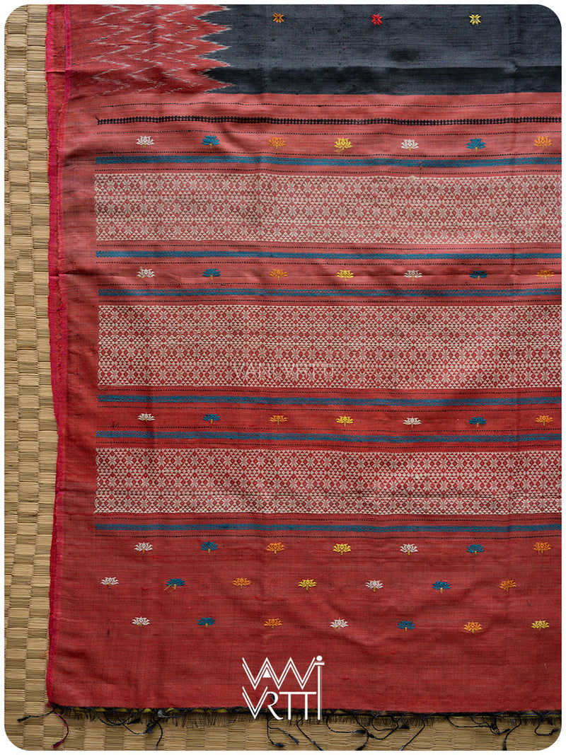 Black Red Rust Anjana Handspun Tussar Silk Saree