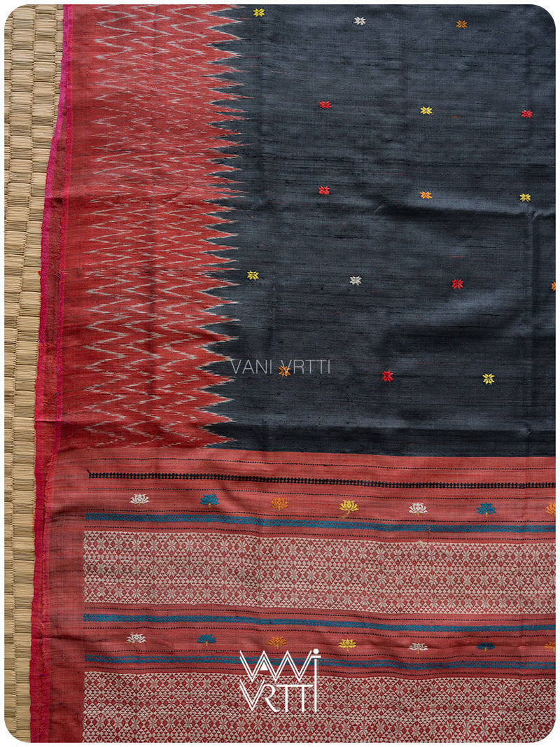 Black Red Rust Anjana Handspun Tussar Silk Saree