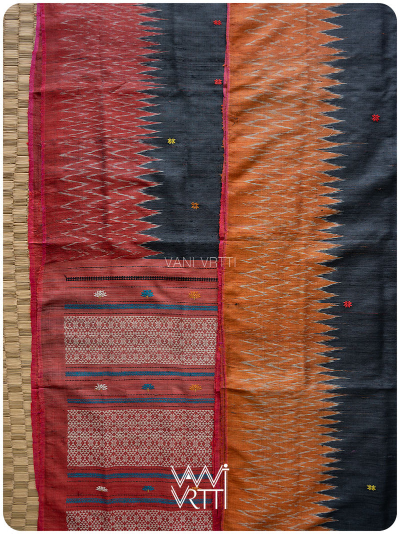 Black Red Rust Anjana Handspun Tussar Silk Saree
