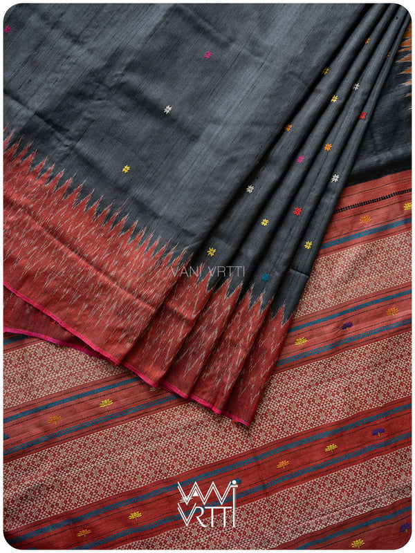 Black Red Rust Anjana Handspun Tussar Silk Saree