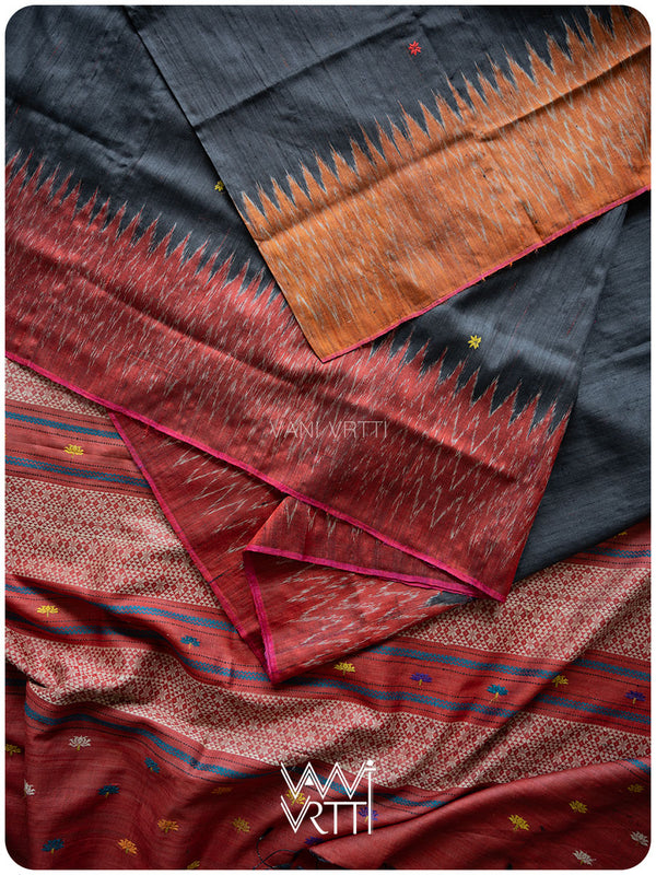 Black Red Rust Anjana Handspun Tussar Silk Saree