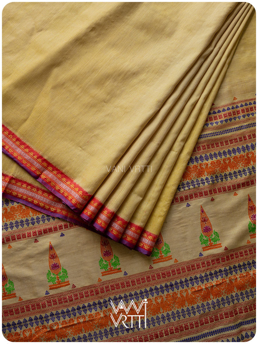 Besan Yellow Mughal Garden Exclusive Handspun Tussar Silk Saree