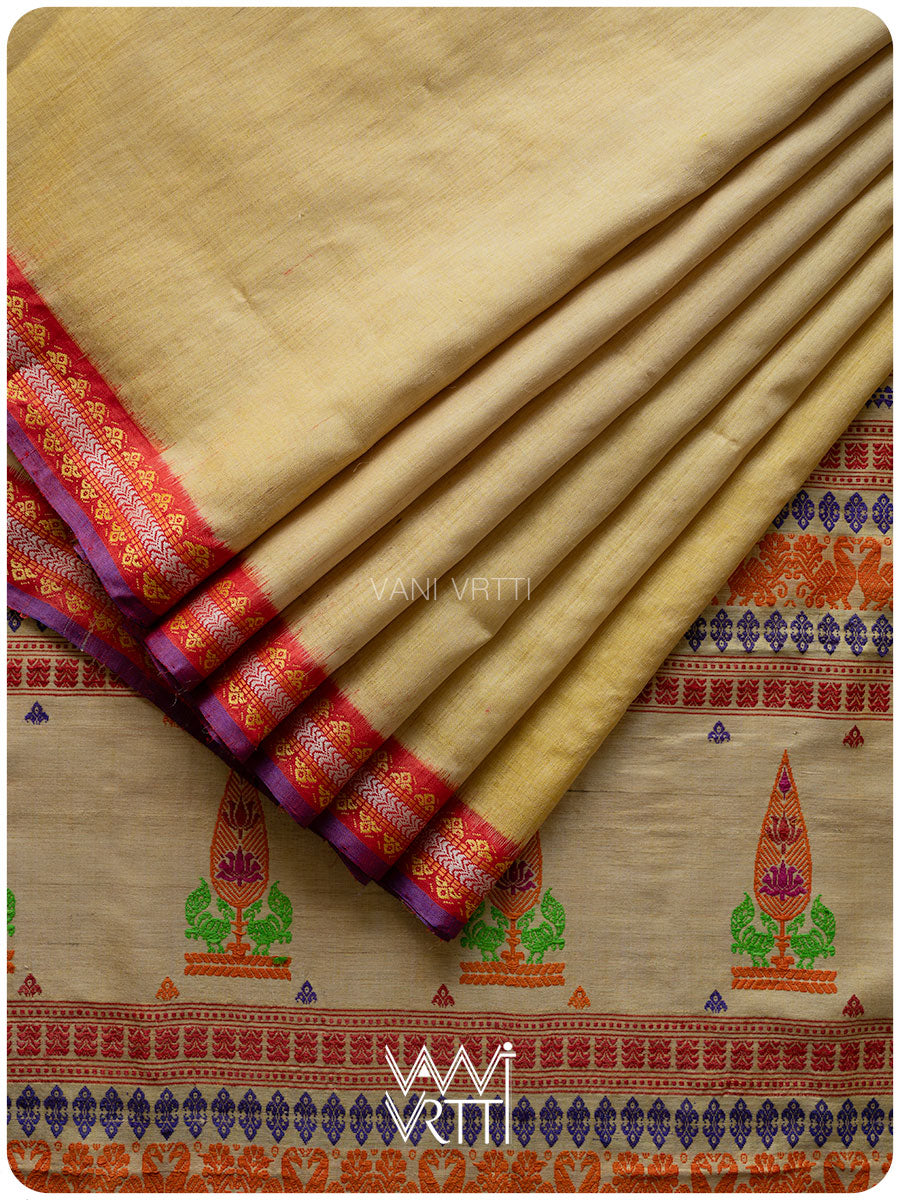 Besan Yellow Tree Of Life Handspun Tussar Silk Saree