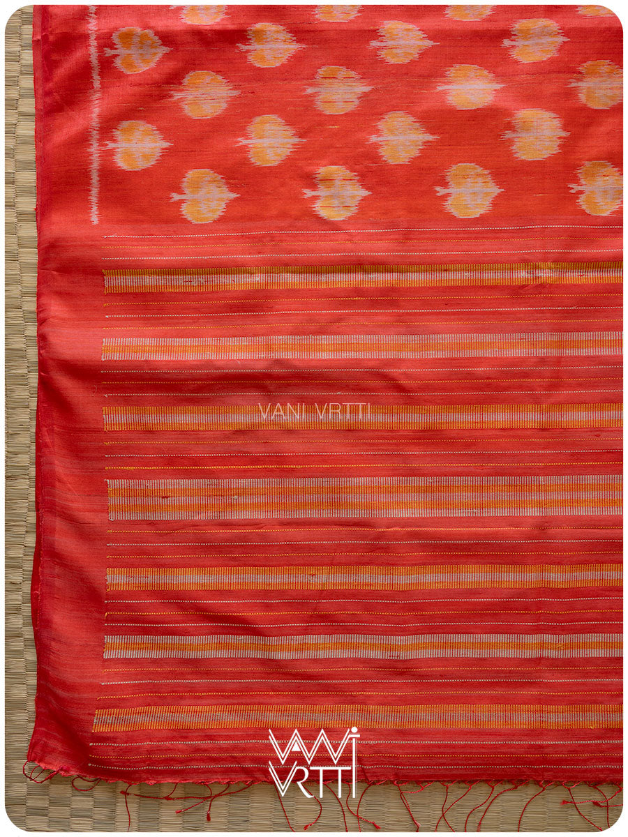 Red Peepal Ikat Handspun Tussar Silk Saree