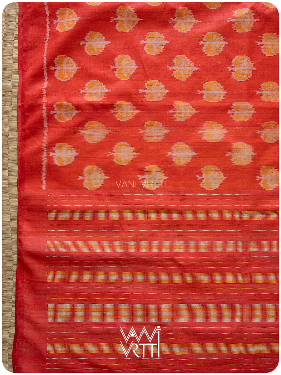 Red Peepal Ikat Handspun Tussar Silk Saree