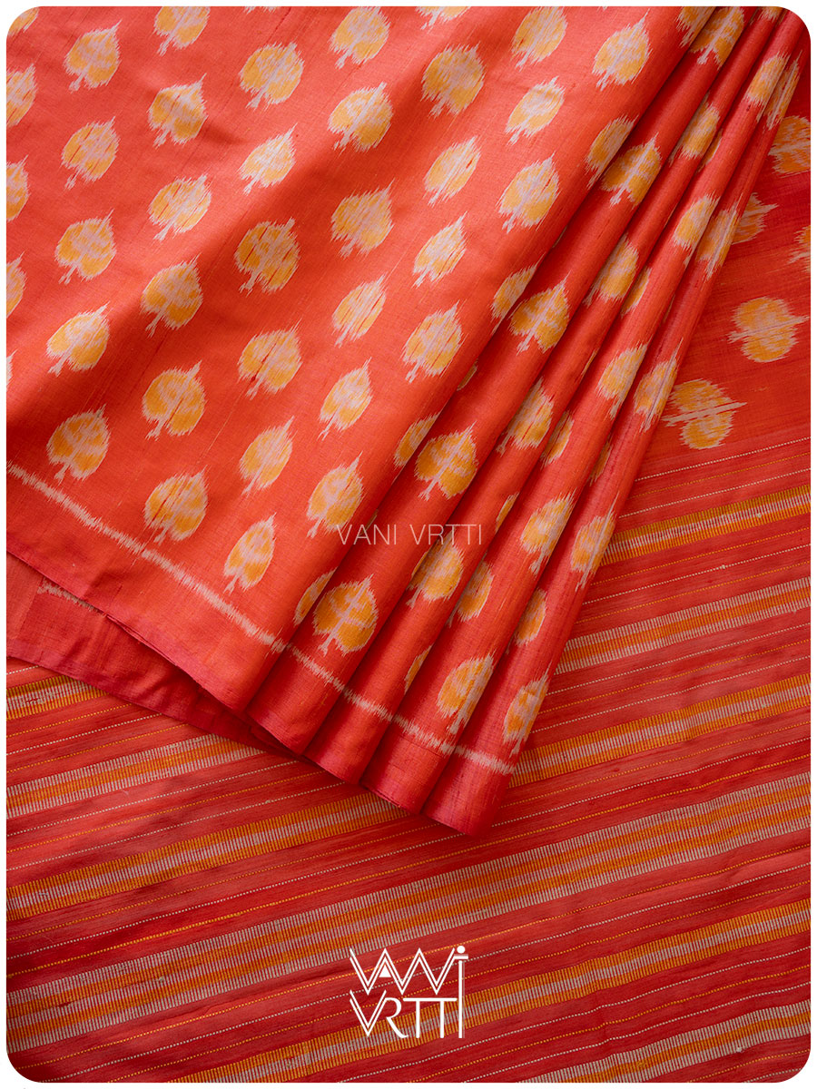 Red Peepal Ikat Handspun Tussar Silk Saree