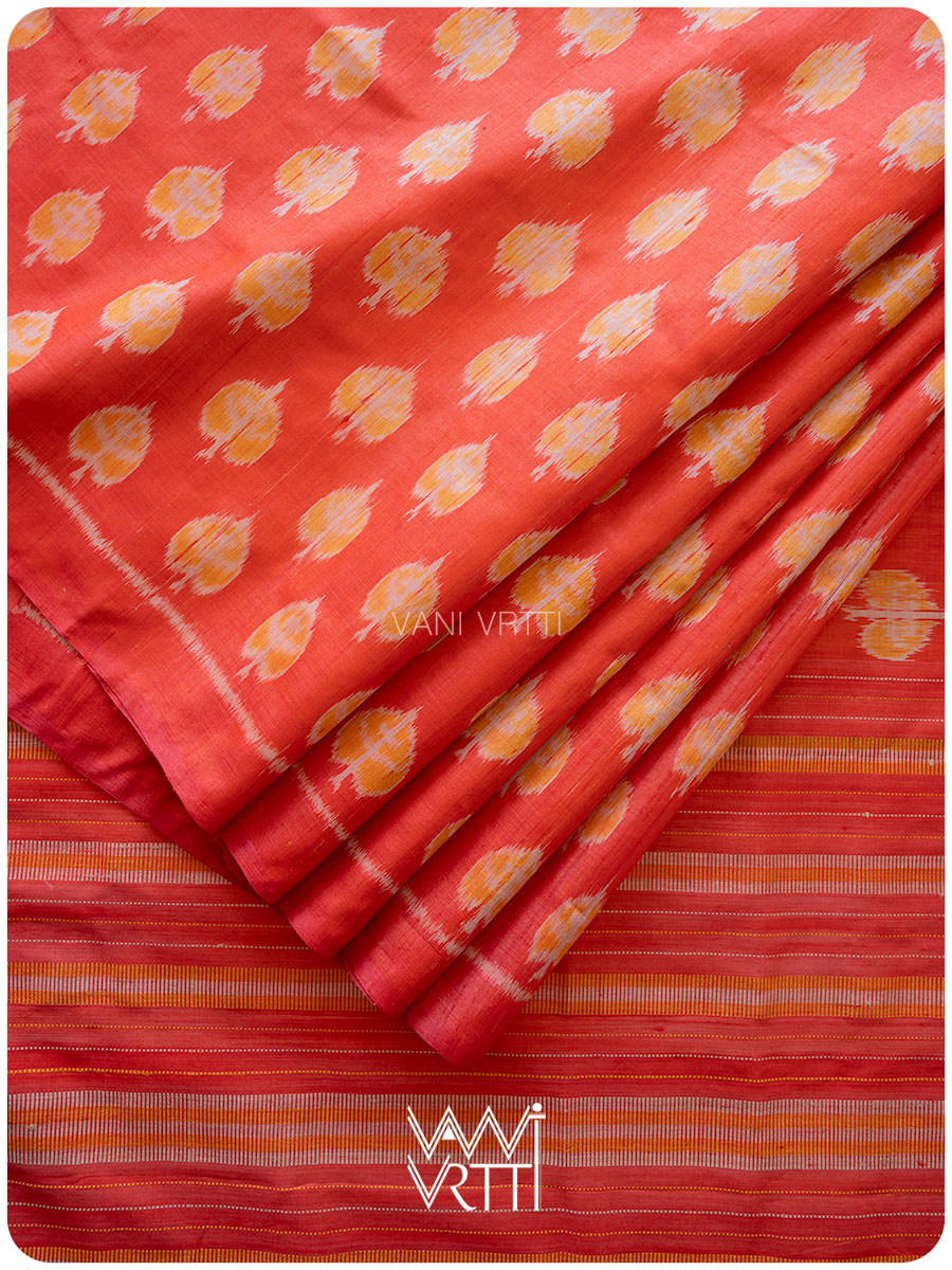 Red Peepal Ikat Handspun Tussar Silk Saree