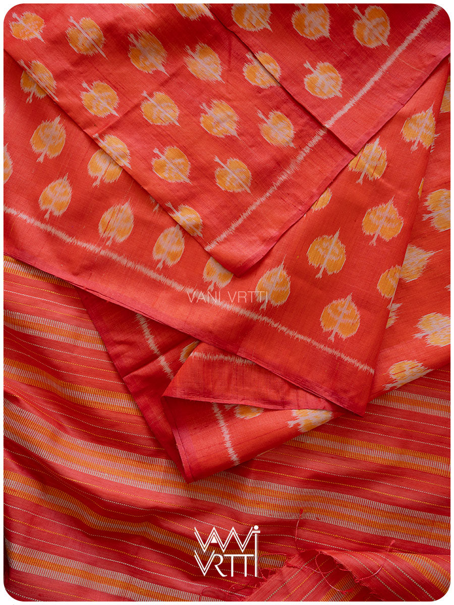 Red Peepal Ikat Handspun Tussar Silk Saree